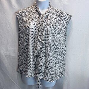Worthington XXL Sleeveless Tie-Neck Blouse Geometric Diamond Print Black White